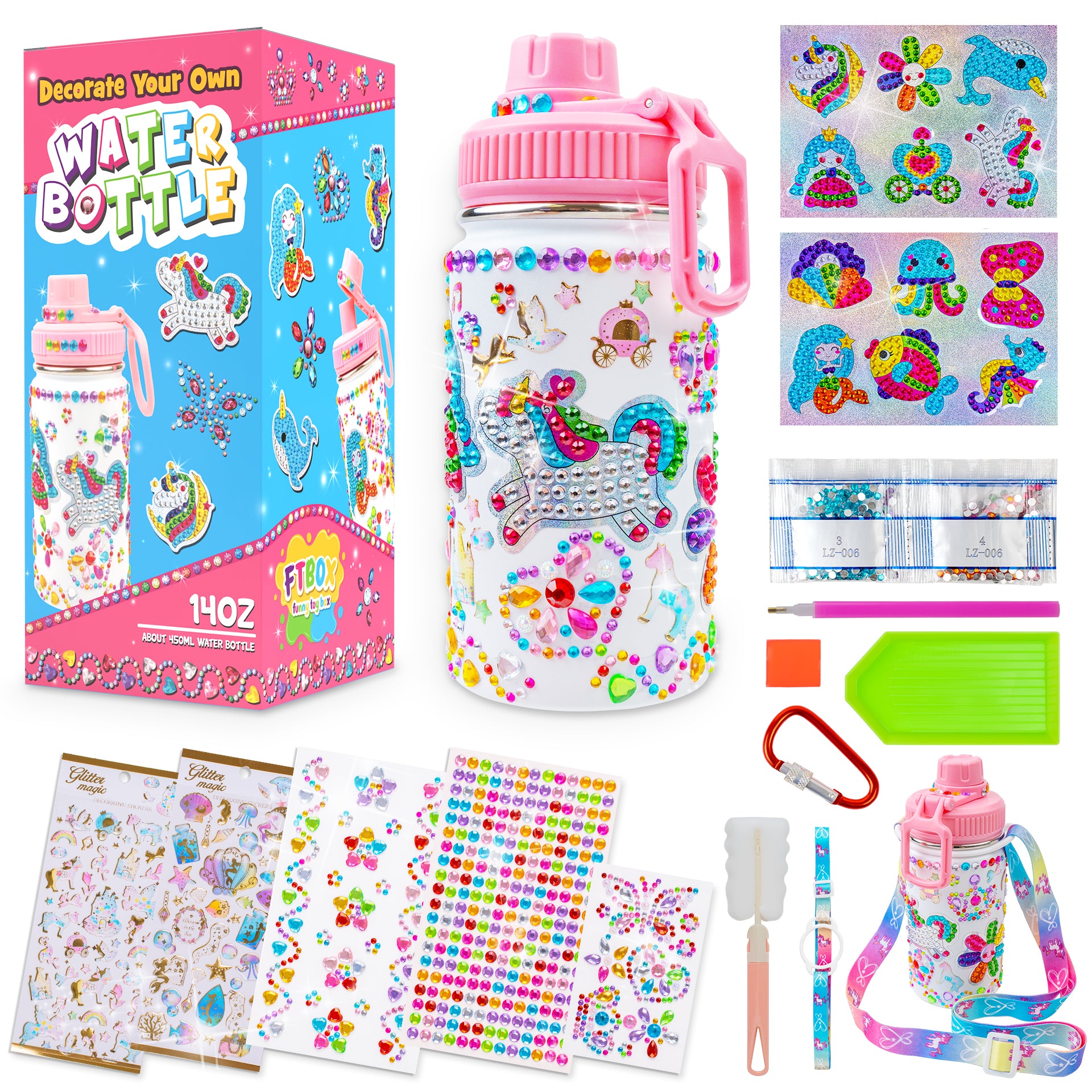 FTBox Decorate Your Own Water Bottle for Girls, Cute Arts and Crafts Gifts  Toys for Girls Age 4-6-8-10-12, Unicorn/Mermaid Diamond Painting Crafts Kit