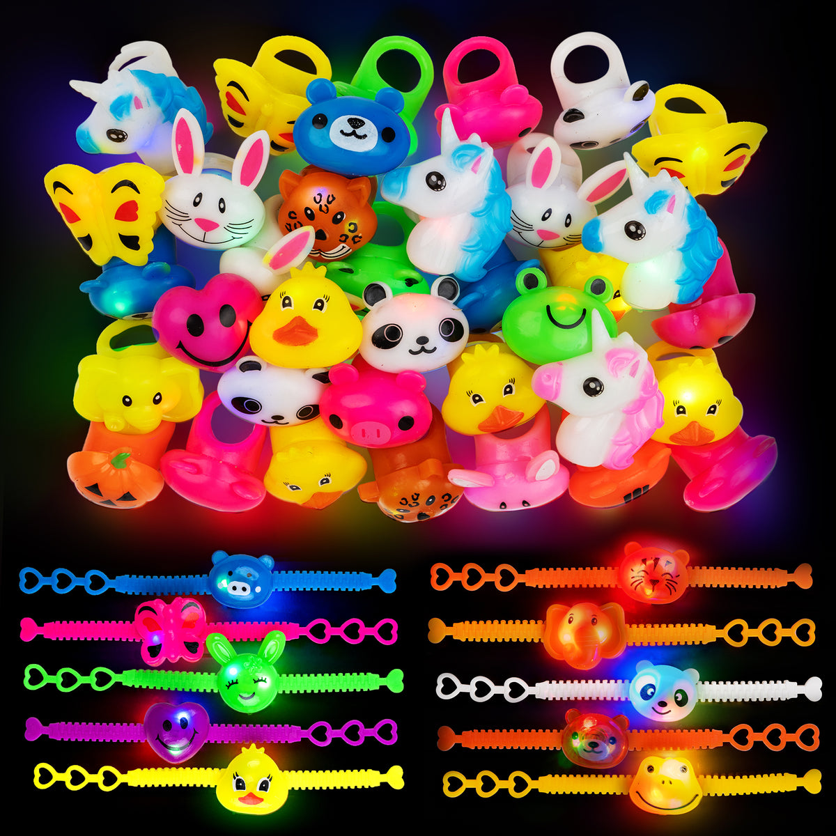Light Up Rings LED Bracelets Party Favors for Kids Birthday 36pk Prizes Box